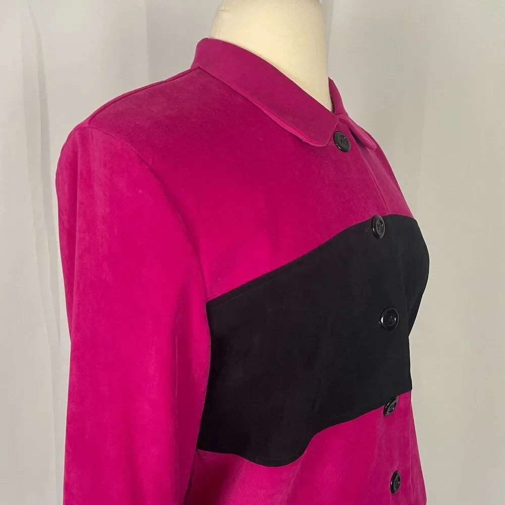 Vintage Blazer Jacket Womens Size 14 Hot Pink Black Stripe Cropped Suede 90s Y2K
